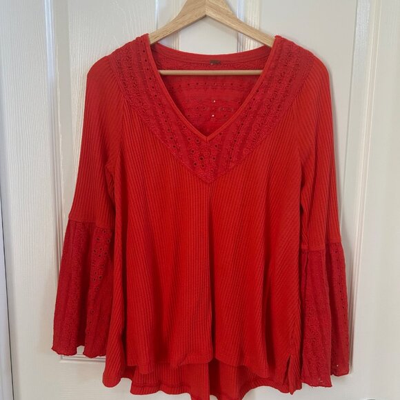 Free People Shirt Parisian Nights Blouse Bell Sleeve Top Vermillion SZ Small - Picture 2 of 7